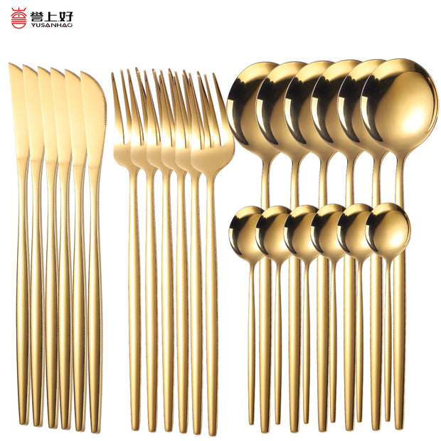 24pcs Gold Dinnerware Set Stainless Steel Tableware Knife Fork Spoon